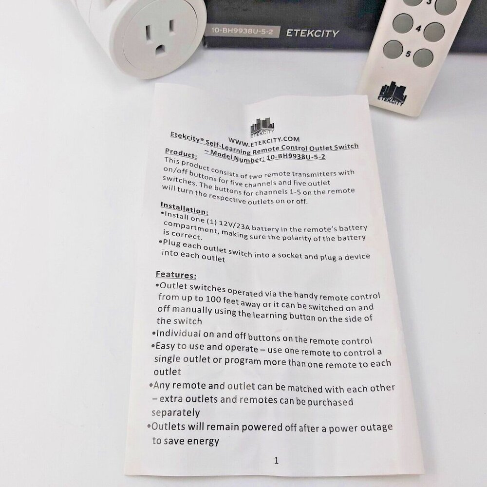 Etekcity ZAP Remote Outlet Switches-Set of 5 With 1 Remote-Model 10-BH9938U - Picture 4 of 12
